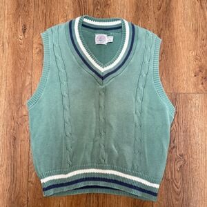 VTG 90s Cape Isle Knitters Hand Knit Sweater Vest Green Mens L Cotton Golf USA‎
